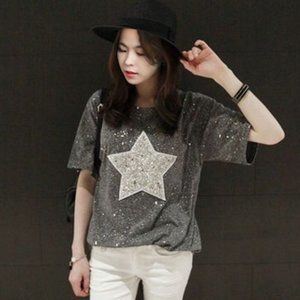 Short-Sleeve Star Printed Glitter T-Shirt Tee Size Small Gray